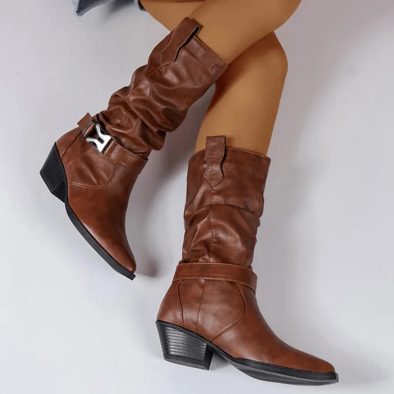 

2023 Fashion Shoes for Women Slip-on Women's Boots High Quality Belt Buckle Modern Boots Women Sexy Pointed Toe Mid-Calf Zapatos