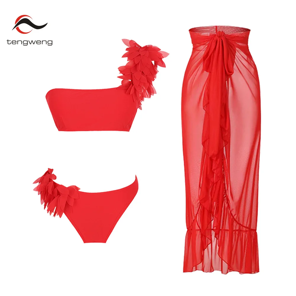 

Tengweng Sexy Red 3D Flower Bikinis One Shoulder Swimwear 3 Piece Bikini Set Swimsuit Vintage Bathing Suit Summer Beachwear