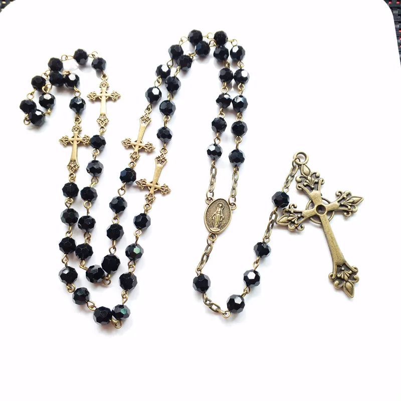 

Black Crystal Long Ancient Bronze Cross Pendant Necklace For Men Women Religious Jewelry