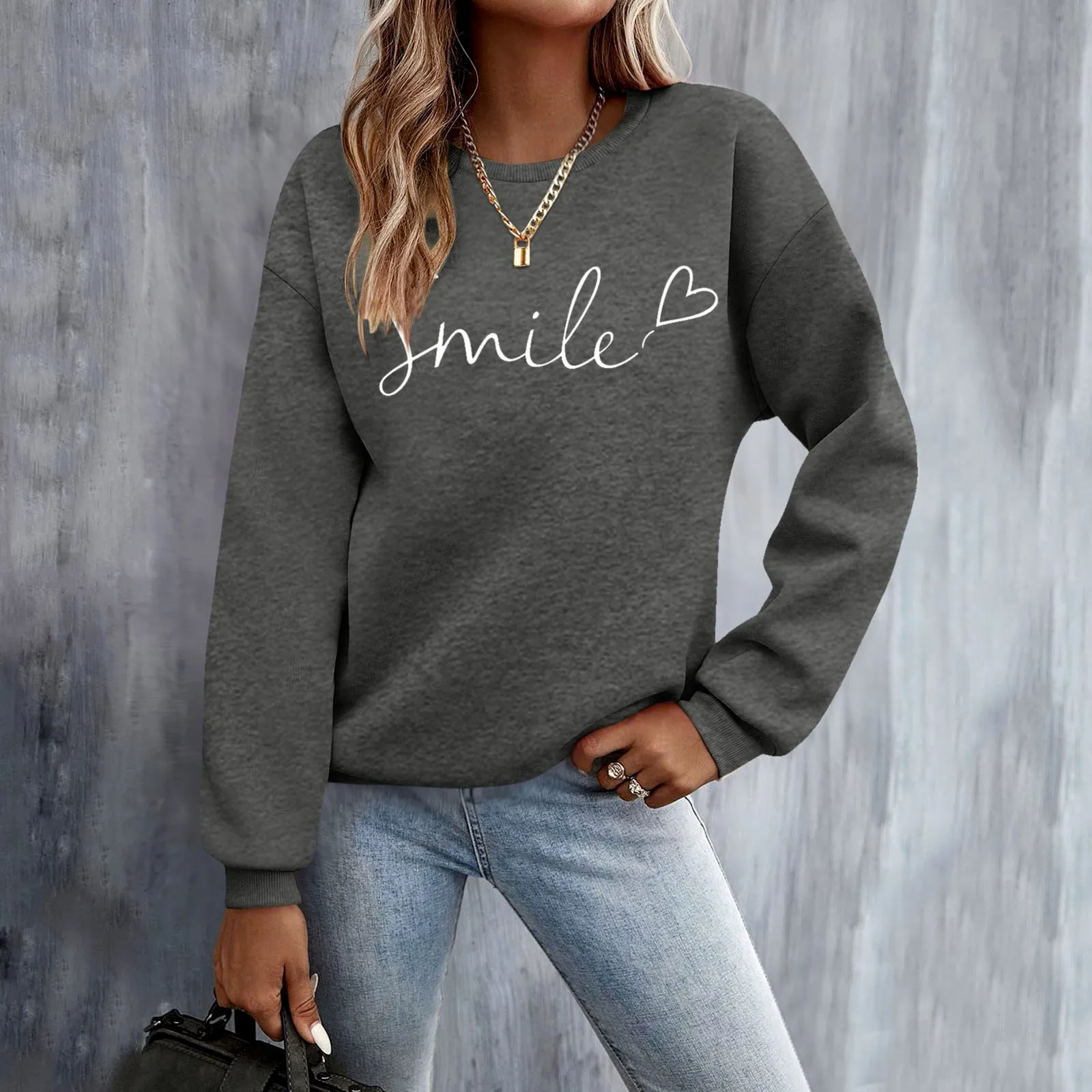 Smile Letter Print Pullover Sweatshirts Womens Outdoor Harajuku Long Sleeve O Neck Blouses Streetwear Sweatshirt Women
