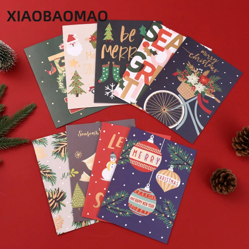 9Pcs 17cmx24cm Hot stamping Merry Christmas Happy New Year Santa Claus Tree Cards For Holiday Party Gift Hot stamping