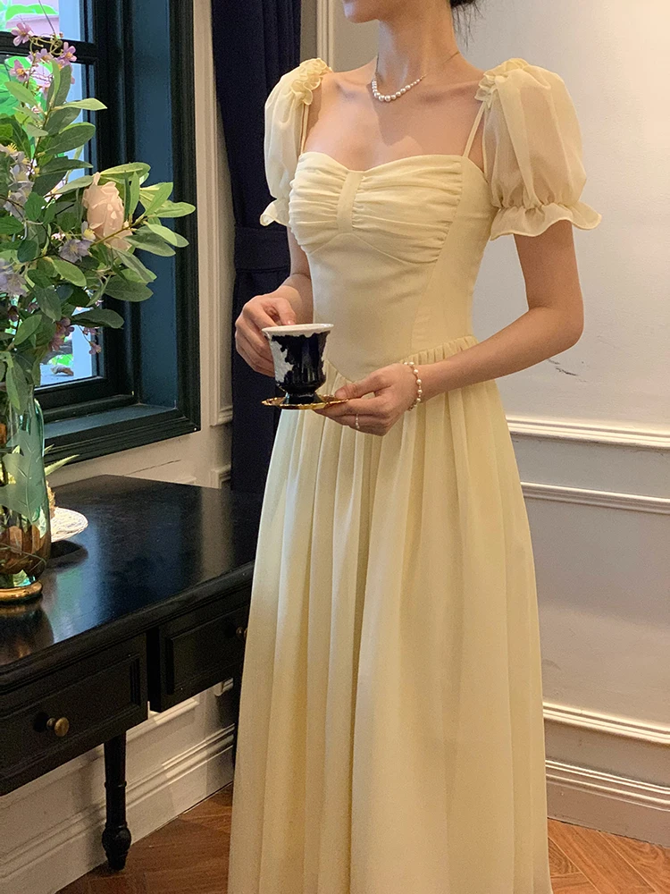 

Vintage Folds Chiffon Long Dresses for Women 2023 Summer Elegant Evening Party Female Clothes Korean Fashion Casual Prom Dress