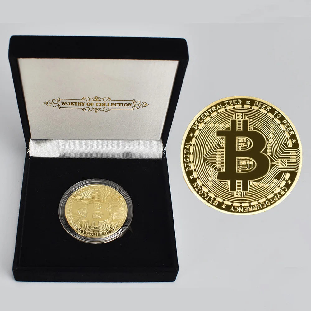 

Golden Plated Bitcoin Coin with Gift Box Packaging Metal Commemorative Cryptocurrency Coin