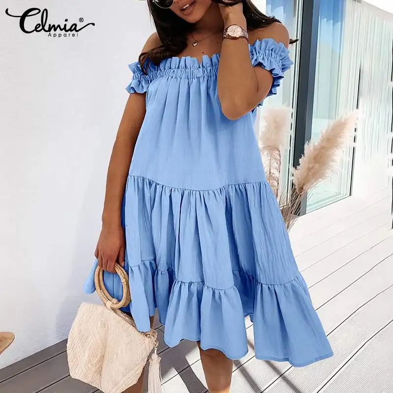 

Celmia Sexy Off Shoulder Summer Mini Dress Pleated Casual Beach Women Sundress Fashion Ruffled Hem Cotton A Line Short Vestidos