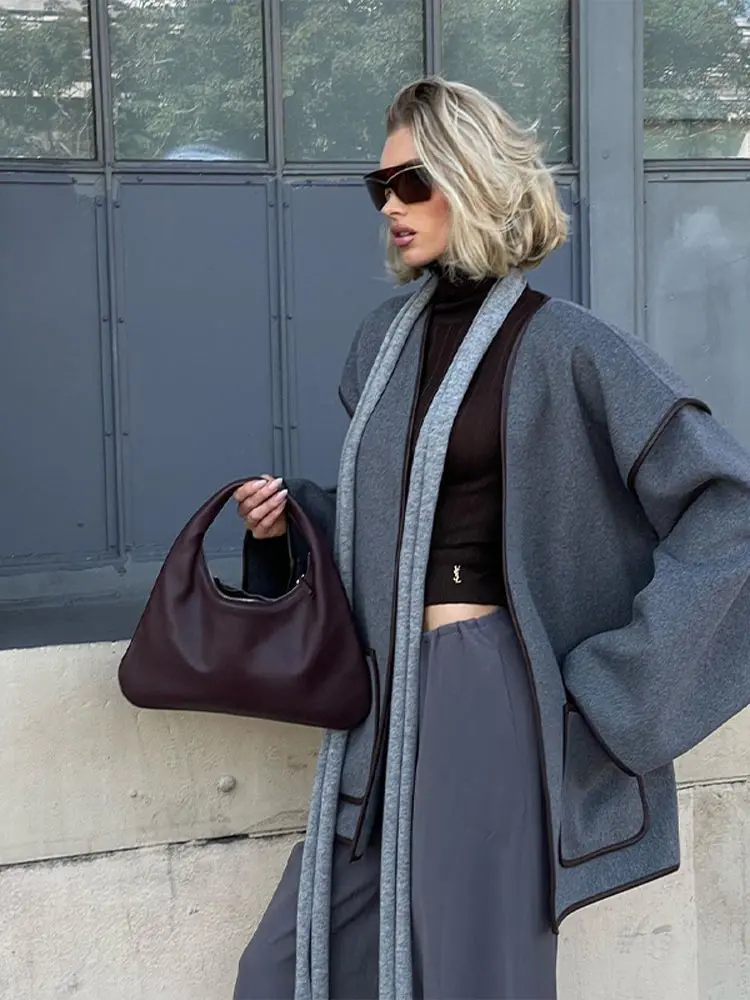 Куртка женская шерстяная контрастная с поясом и карманами модный серый пиджак