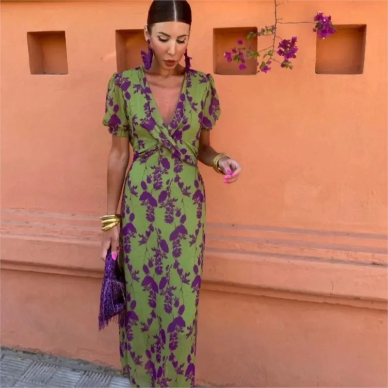 Лето 2024 женское платье миди со шнуровкой и принтом модное с v-образным вырезом