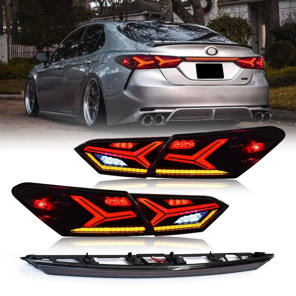 Фото Для Toyota Camry Sedan 2018-2024 дымовые светодиодные задние фонари в сборе, пара последовательных задних фонарей, левая + правая сторона, черный корпус №1