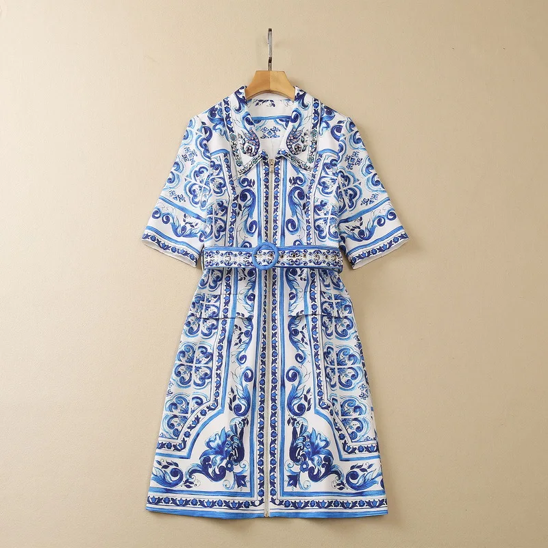 European and American women's clothes 2023 summer new Five-point sleeve studded lapel fashion Palace Blue Print Dress