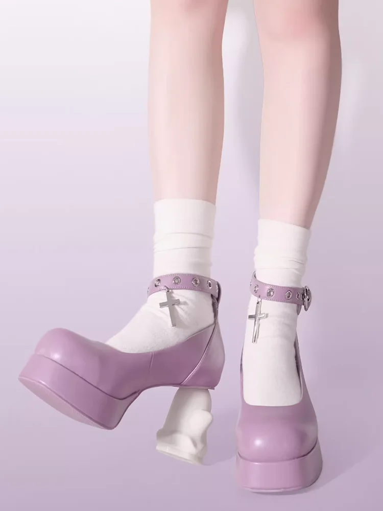 GURURU оригинальные Y2K субкультурные панк призрачные каблуки обувь Lorita Cos Loli высокие каблуки 5-8 см ПУ туфли с круглым носком GURURU оригинальные Y2K субкультурные панк призрачные каблуки обувь Lorita Cos Loli высокие каблуки 5-8 см ПУ туфли с круглым носком