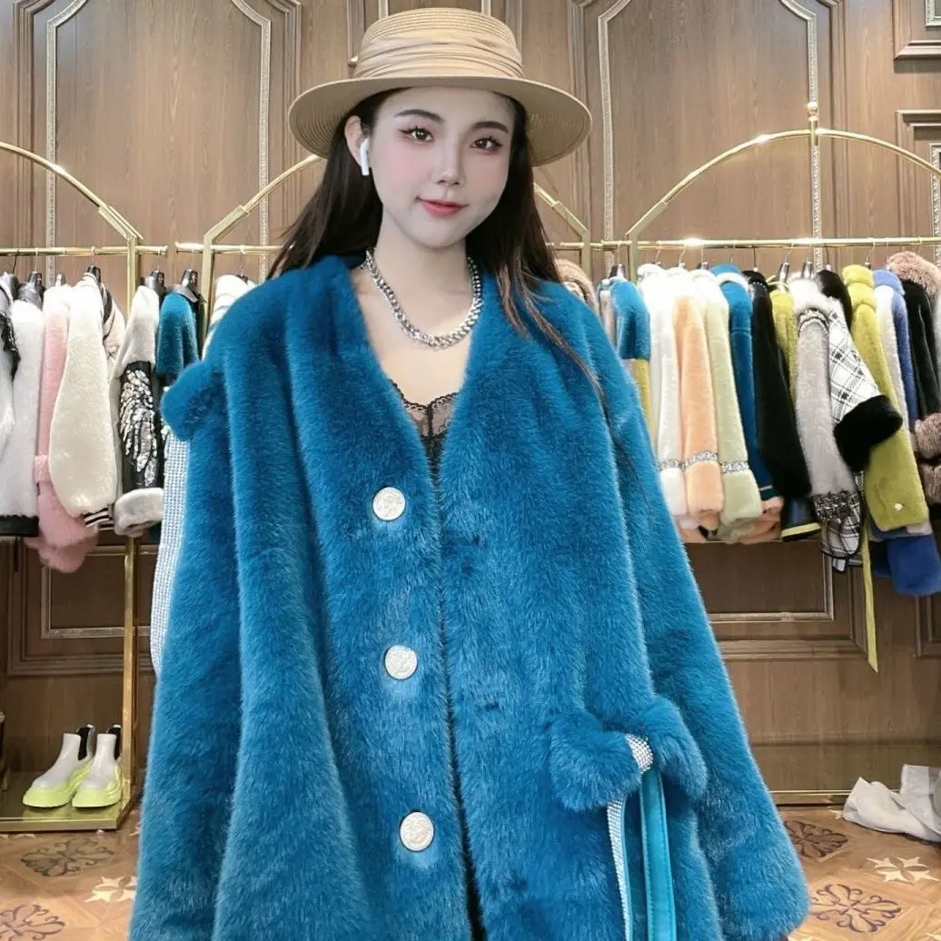2022 Winter New Fashion High-End Thickening Warm Mid-Length Women Fur Coats Loose Slim Fit Sweet Elegant Long Sleeve Fur Jacket