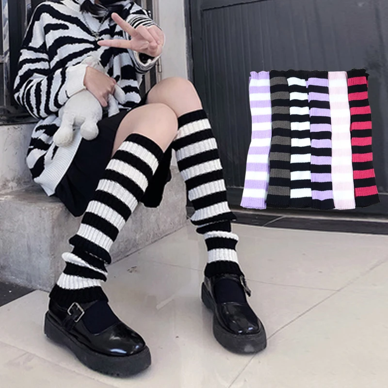 

Женские теплые носки до колена Goth, модные вязаные крючком Теплые носки в полоску для девочек, для косплея