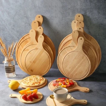 Wooden Pizza board Round with Hand Pizza Baking Tray Pizza Stone Cutting Board Platter Pizza Cake Bamboo Bakeware Tools