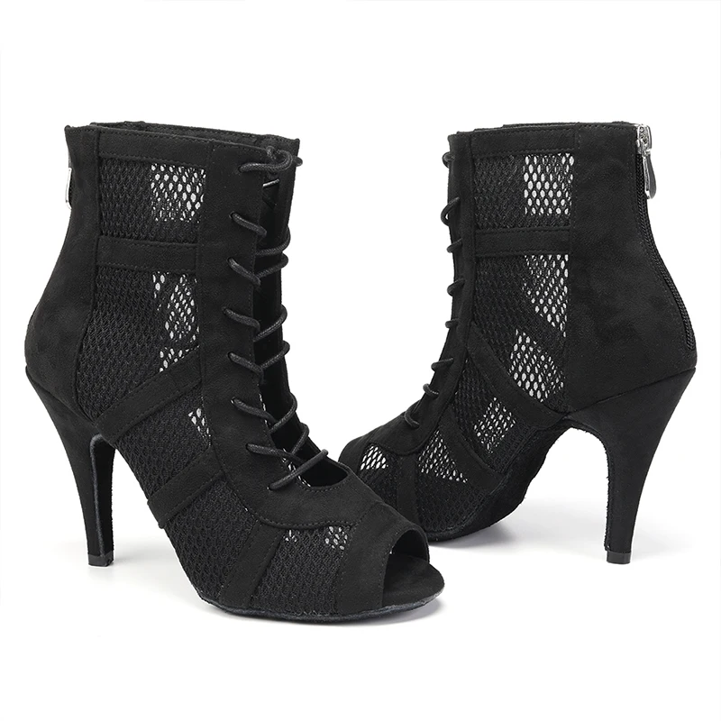 SWDZM Cool Women's Short Boots Ballroom Dance Boots Girls Jazz Black Suede Sole Dance Shoes Net Boots Custom Heel Sandals