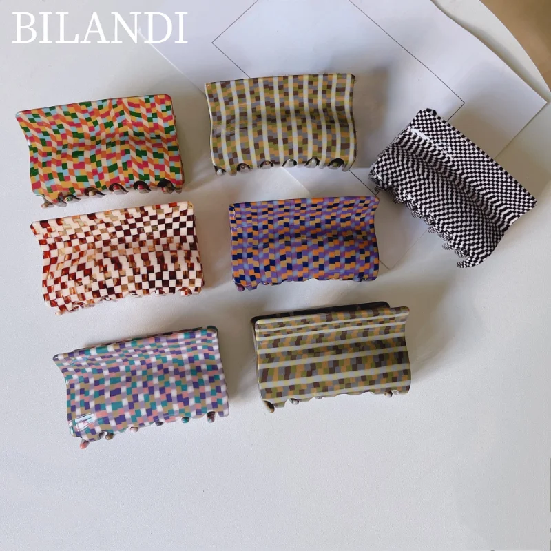 

Bilandi Fashion Resin Hair Clip Mix Colorful Plaid Hair Claw Clips For Women Girls Geometric Barrette Hairpin Head Accessories