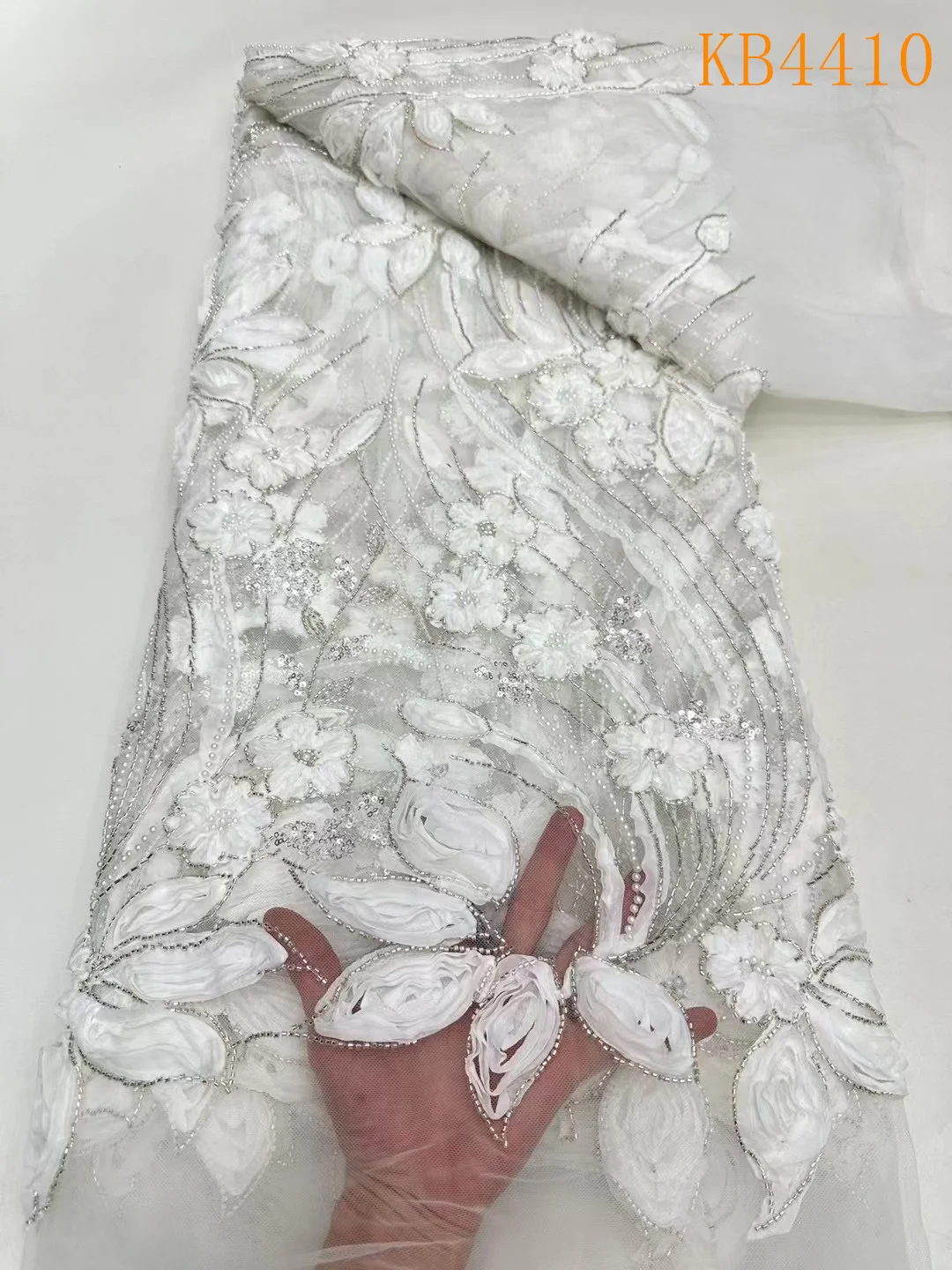 Зеленый 3D цветок кружевная ткань с бисером африканская белая нигерийская 5 ярдов