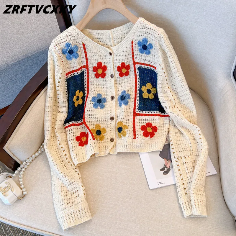 

Женский ажурный вязаный кардиган, тонкий свободный свитер с длинным рукавом и цветочным принтом, осень 2022