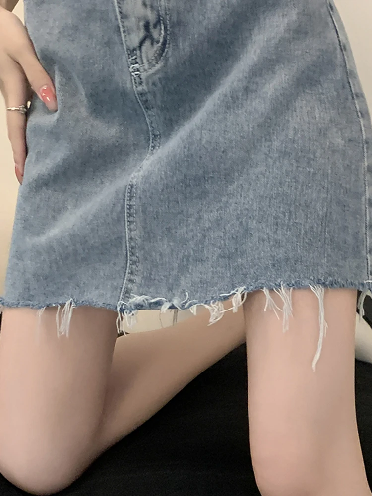 New Summer Women Streetwear High Waist Frayed Raw Hem Short Denim Skirt Vintage Female Loose Blue Jeans Skirts Bottoms