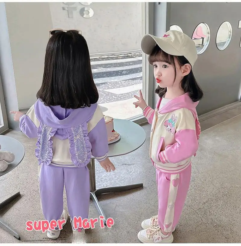 

Kawaii Sanrios Kuromi My Melody Girl осенняя одежда мультяшный бейсбольный Костюм Детское милое пальто и повседневные брюки комплект из двух предметов