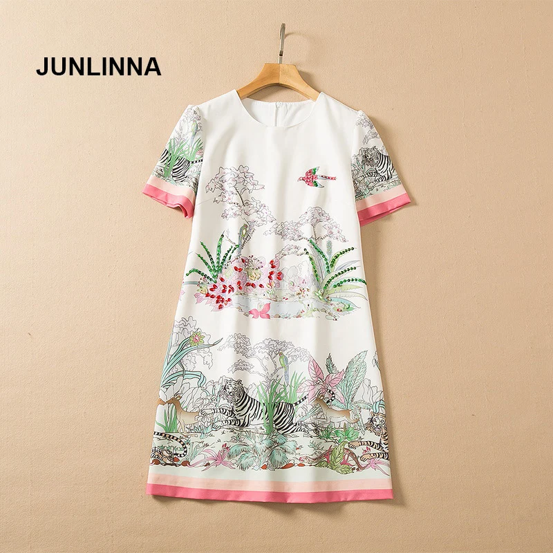 

JUNLINNA Runway Fashion Women Vintage Dress 2022 Summer New Loose Bird Printed Beading Crystal High Quality Elegant Vestidos