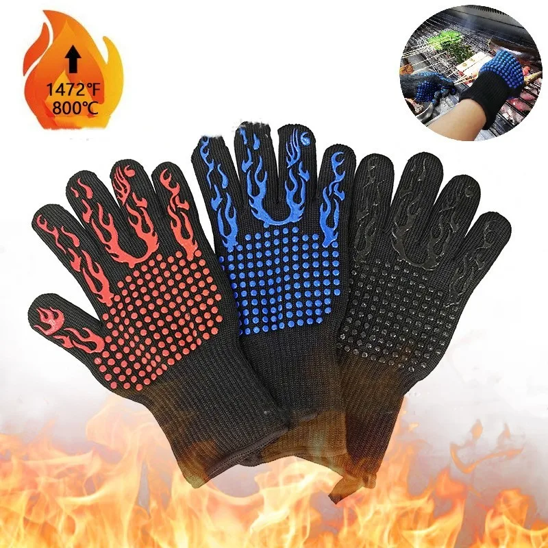 

2PCS BBQ Microwave Oven Gloves High Temperature Resistance BBQ Mitts 800 Centigrade Flame Retardant and Non-Slip Barbecue Gloves