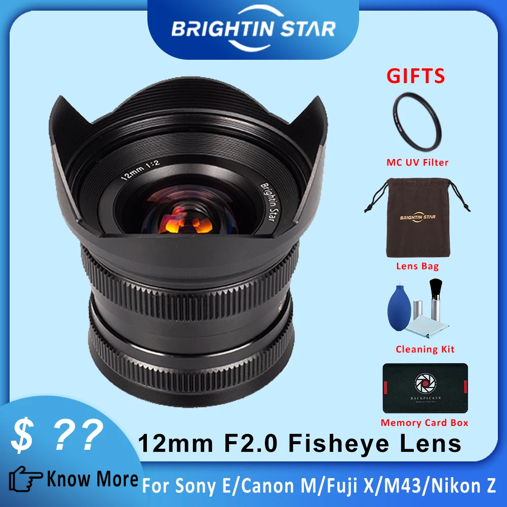 

Brightin Star 12mm F2.0 APS-C Wide-angle Fixed Focus Lens For Canon EF-M Sony E a6000 Fuji FX XT2 XA3 M4/3 Nikon Z EM10II Z6 Z7
