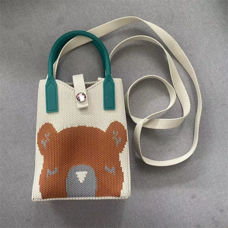 

Fashion Cute Bear Mini Knitted Handbag Handmade Women Girls Single Shoulder Reusable Leisure Tote Korean Students Shopping Bags