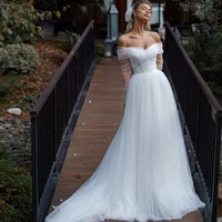sweetheart off the shoulder white puffy elegant wedding dresses for ladies 2022 full sleeve bridal gowns court train robe de mar