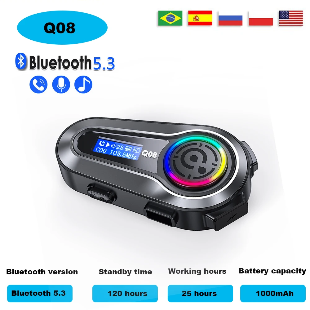 

Гарнитура для мотоциклетного шлема Q08, FM-радио, Bluetooth 5.3, Беспроводные водонепроницаемые наушники, гарнитура для мотоцикла с ЖК-экраном