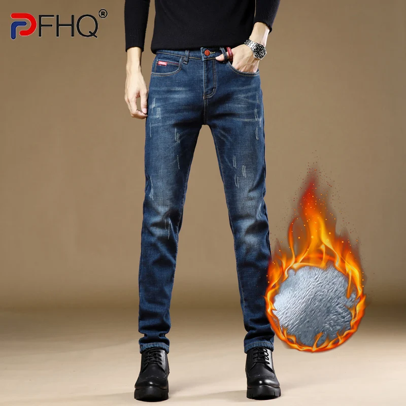 

PFHQ 2022 Winter Trendy Men's Skinny Brushed Jeans Casual Thicken Fleece Warm Pants Slim Denim Pencil Stretch Designer Trousers