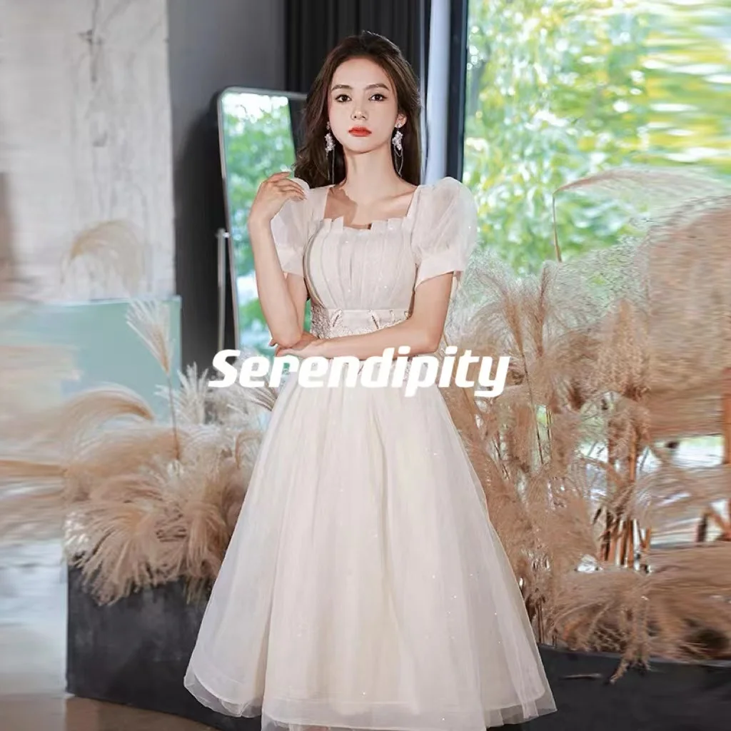 

Serendipity Ball-Gown Square Collar Tea-Length Embroidered Satin Covered Button Cap Straps Short Sleeves Luxury Dresses Prom