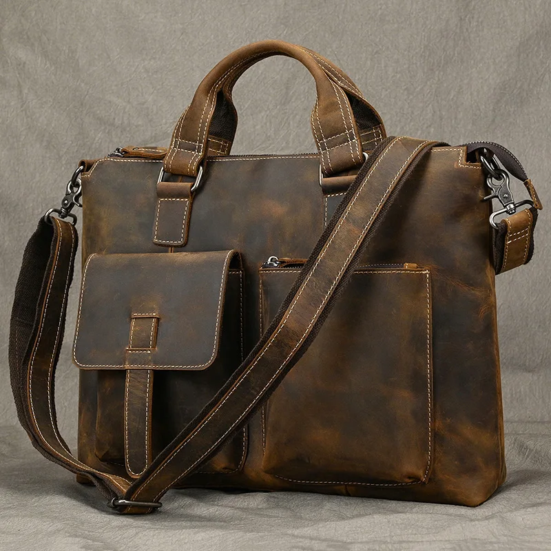 

Bags Leather Bags Horse Laptop Handbag Cow Leather Officetote Portfolio Bag Men Men Men's Crazy Bag Briefcase Fashion Hand