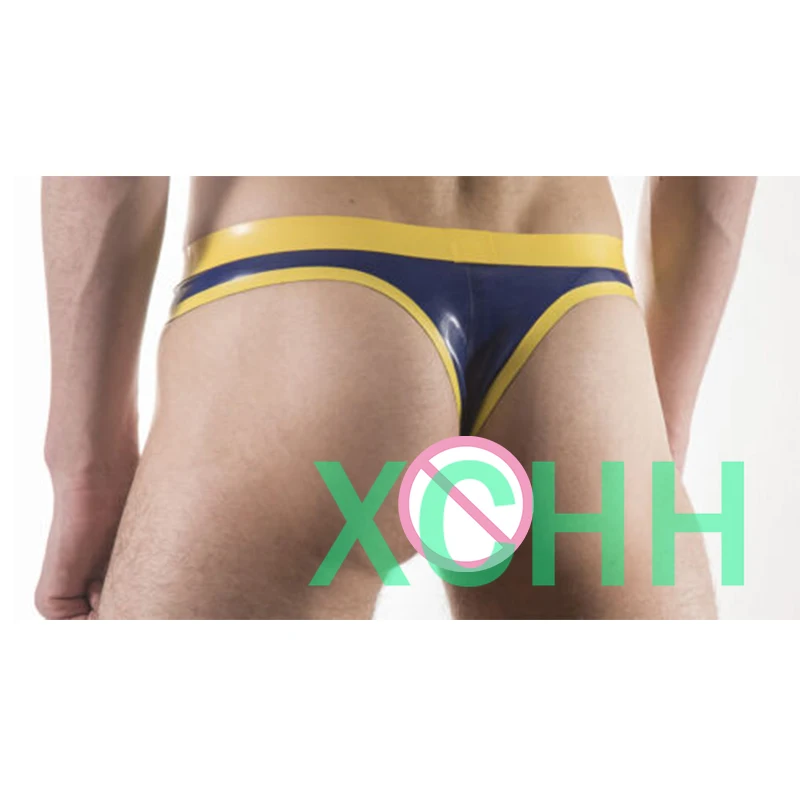 

Men's Briefs ,Thong Style Rubber, Contrast Waistband and Edge Trim Blue with Yellow , 0.4mm LATEX