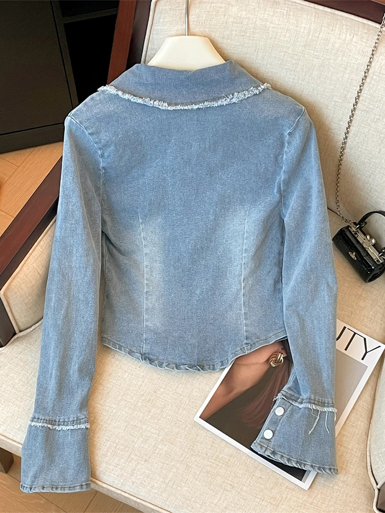 Женская синяя джинсовая куртка винтажная модная на молнии с длинными рукавами