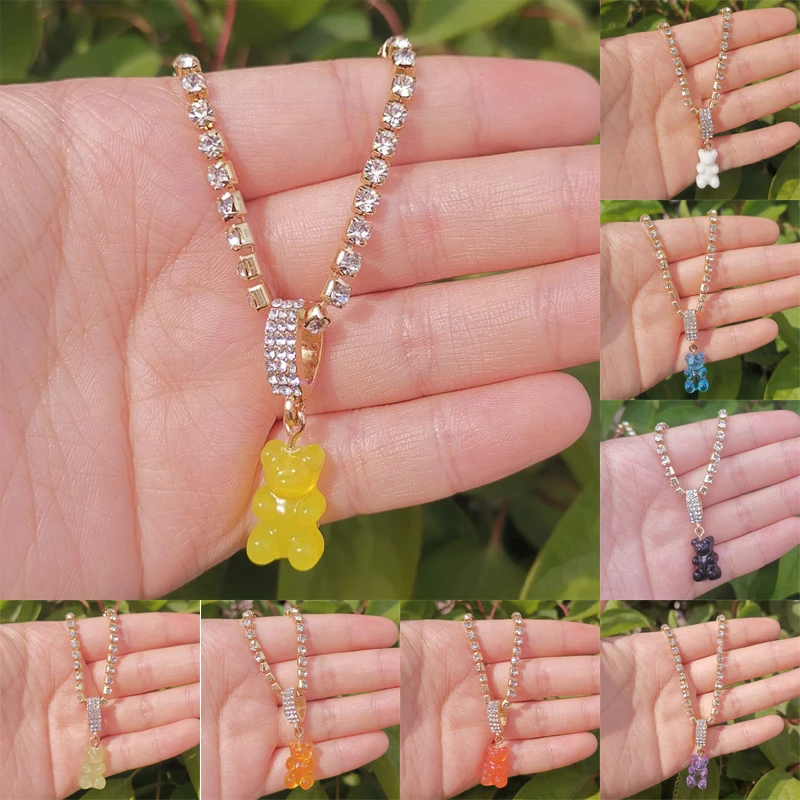

Zircon Gummy Bear Pendant Necklaces Hoop Earrings for Women Girls Cute Sweet Colorful Bear Crystal Shiny Necklace Jewelry Gifts