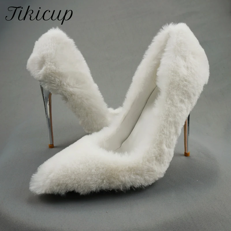 

Tikicup White Faux Fur Women Pointy Toe High Heel Shoes Winter Fashion Design Ladies Slip On Stiletto for Party 8cm 10cm 12cm