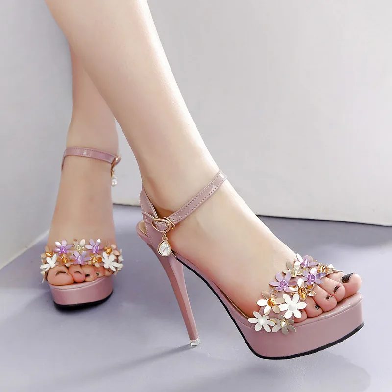 

New Fashion Sandals PU Buckle Strap 12CM Thin Heels High Heels Round Toe Flowers Waterproof Shallow Sandal Women Shoes Size