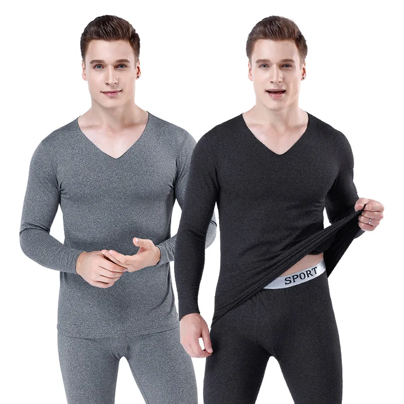 High Quality Long Johns Men Thermal Underwear Set Seamless Thin Fleece Soft V-neck Undershirt+Long Pants L-4XL Thermo Clothing