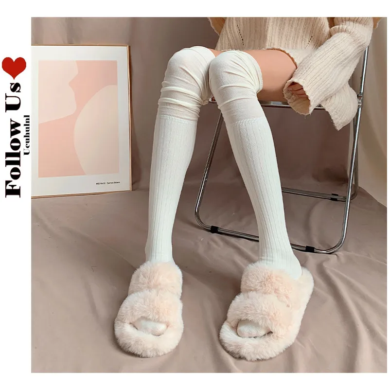 

Harajuku Patchwork Thigh High Socks Women's Autumn Cotton Soft Pile Socks Goth Lolita Vertical Stripes Lazy Knee High Stockings