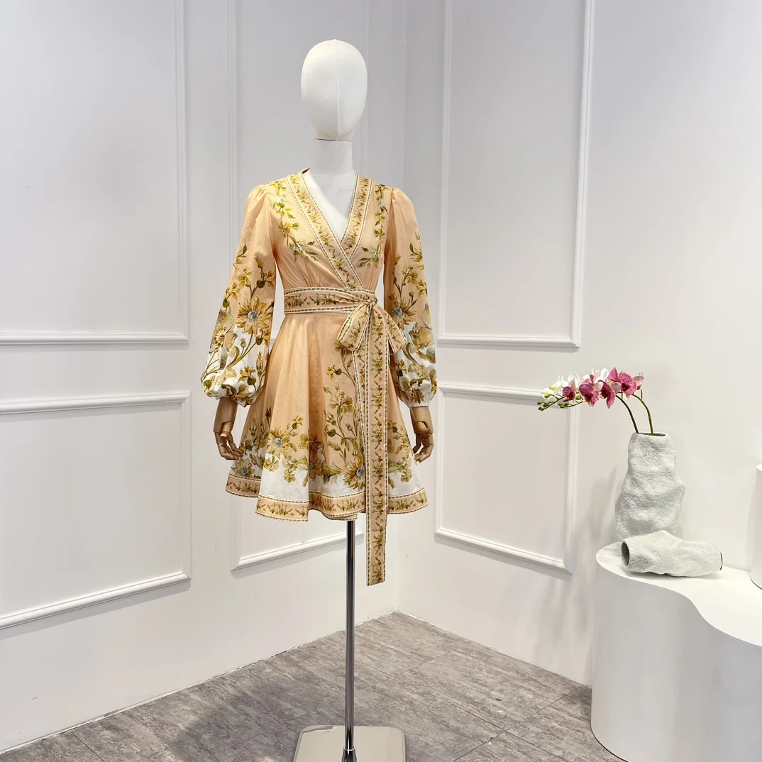 

Женское льняное мини-платье с запахом, элегантное платье розового цвета с цветочным принтом, весна-лето 2023