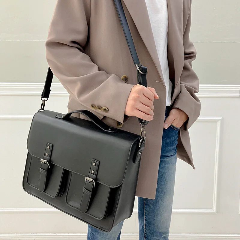 MVA Business Men's British Korean Briefcase Designer PU Leather Tote Bag Men's Shoulder Laptop Bags Black Travel Messenger Bag
