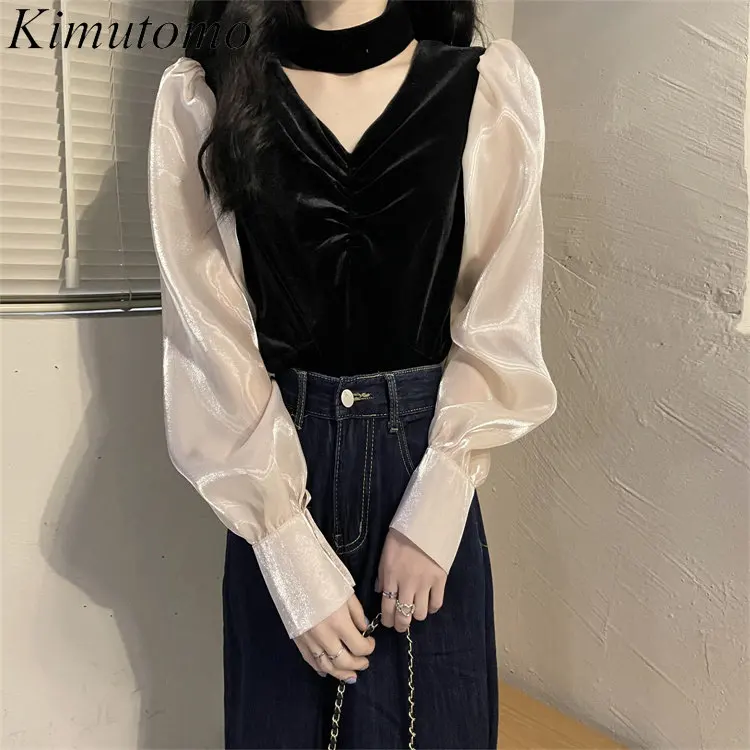 

Kimutomo винтажная цветная контрастная бархатная рубашка с лямкой на шее женская элегантная дизайнерская универсальная блузка с V-образным выр...