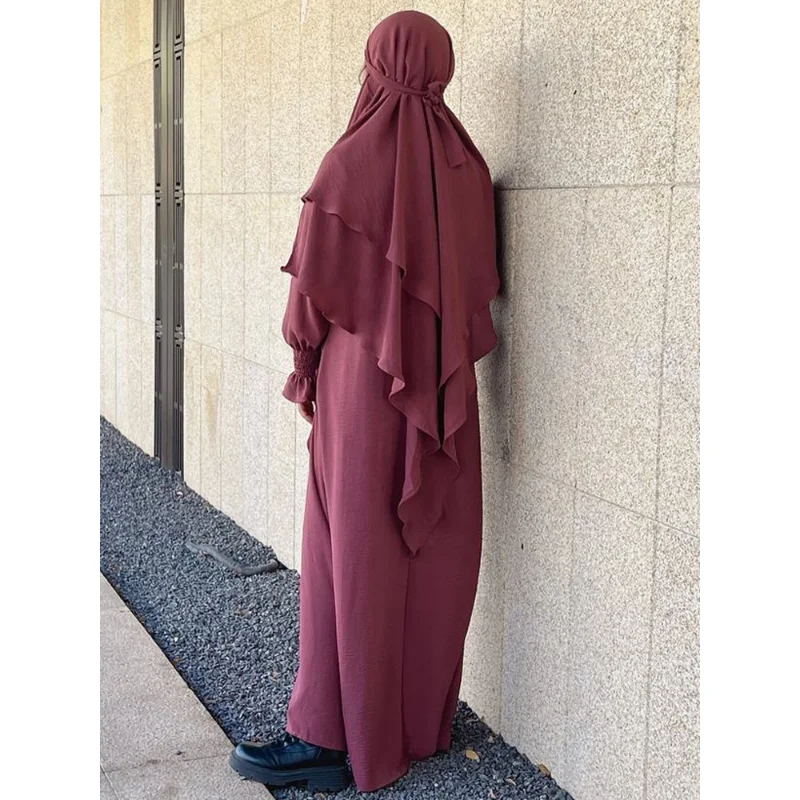 Jilbab Prayer Clothes Women Ramadan Islamic Jilbeb 2 Piece Set Dubai Turkish Modest Outfit Layered Khimar Scarf Hijab+Long Dress