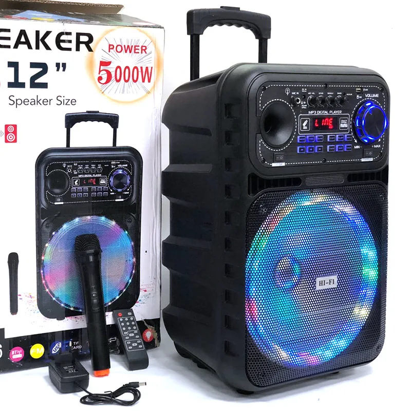 Led Outdoor Pull Rod Square Dance Subwoofer With Wireless Microphone Aux Fm