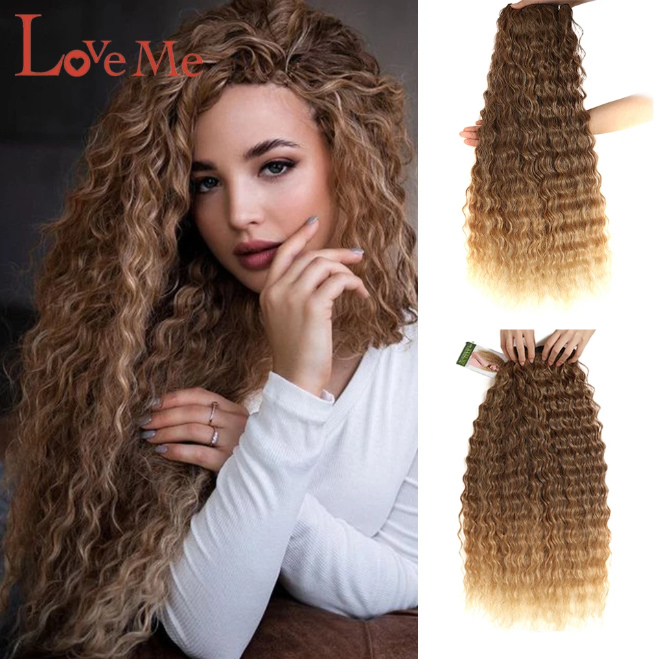 

Deep Curly Afro Kinky Synthetic Hairs Bundles Water Wave Colorful Ombre Black Blonde Red Natural And Soft Fake Hairs For Women