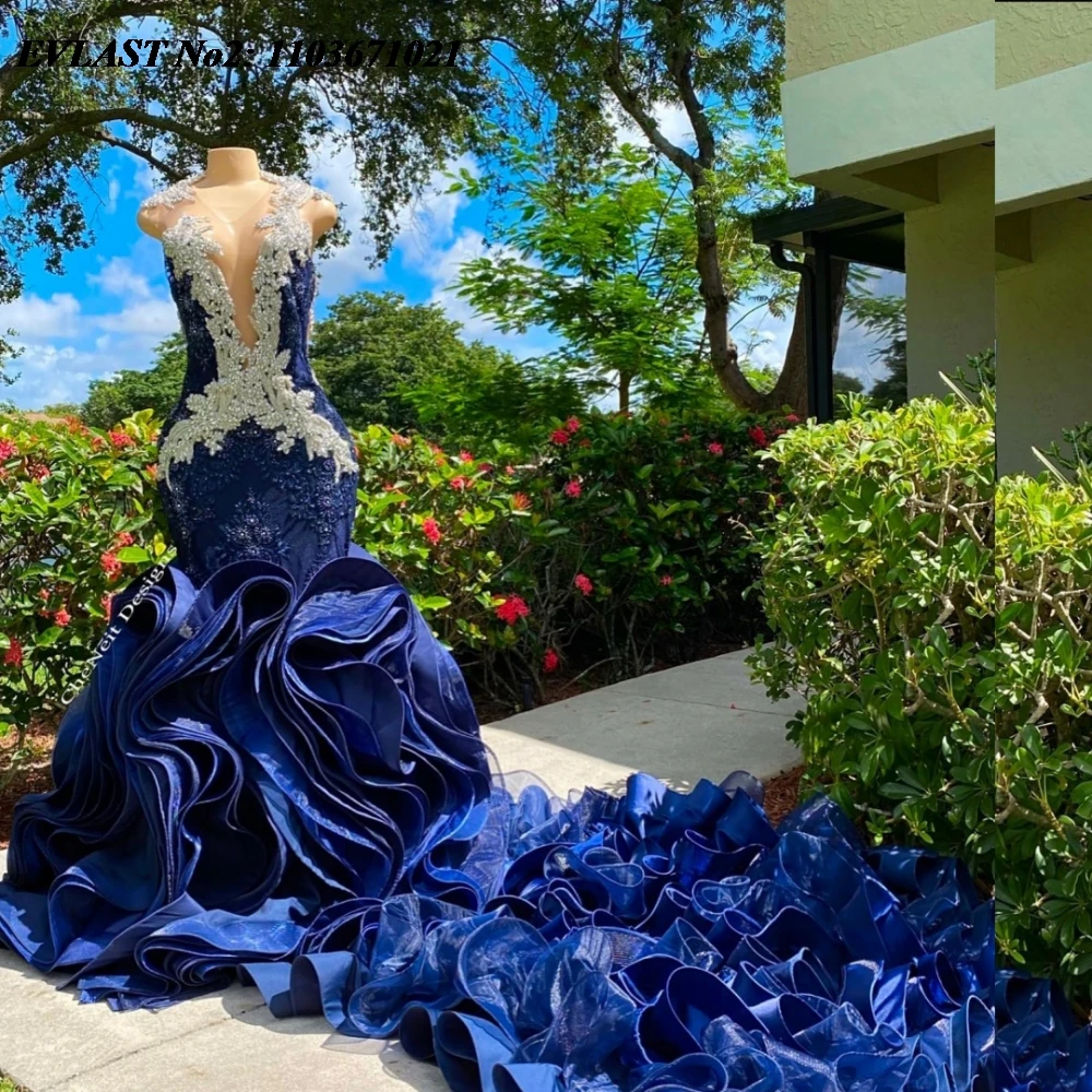 EVLAST индивидуальное африканское темно-синее платье русалки с оборками для