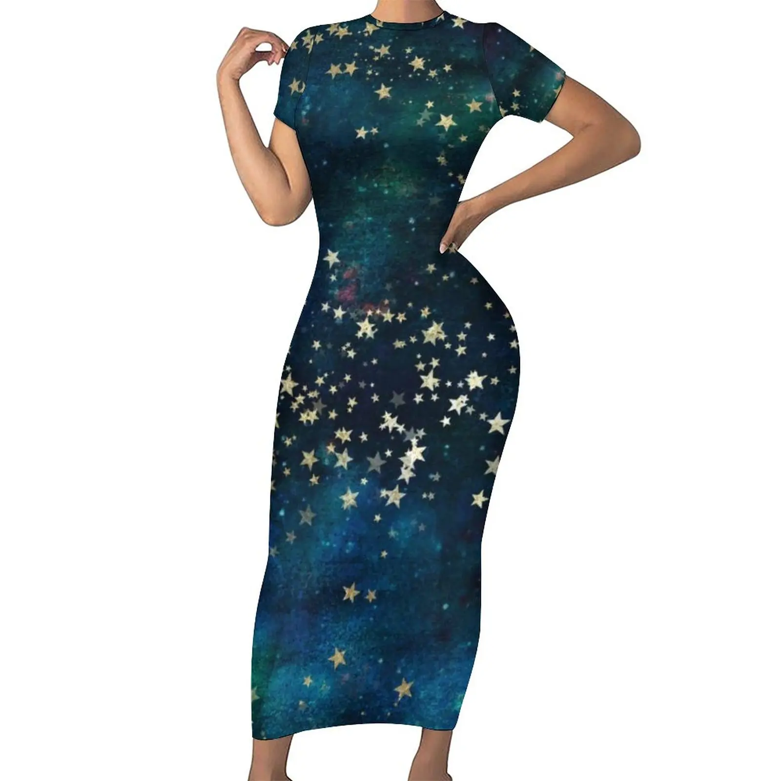

Celestial Sky Dress Short Sleeve Gold Stars Print Street Fashion Maxi Dresses Sexy Bodycon Dress Women Custom Oversized Vestidos
