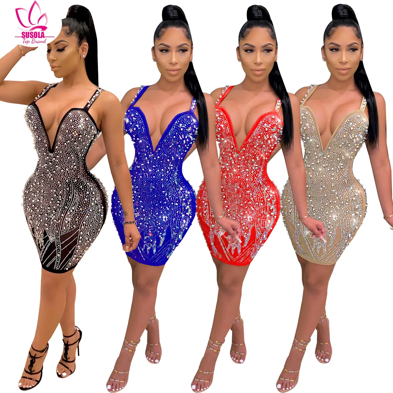 

SUSOLA 2022 Best Quality Famous Brand Dress Beading Diamond Spaghetti Strap Summer Sexy Mini Dress Vestidos