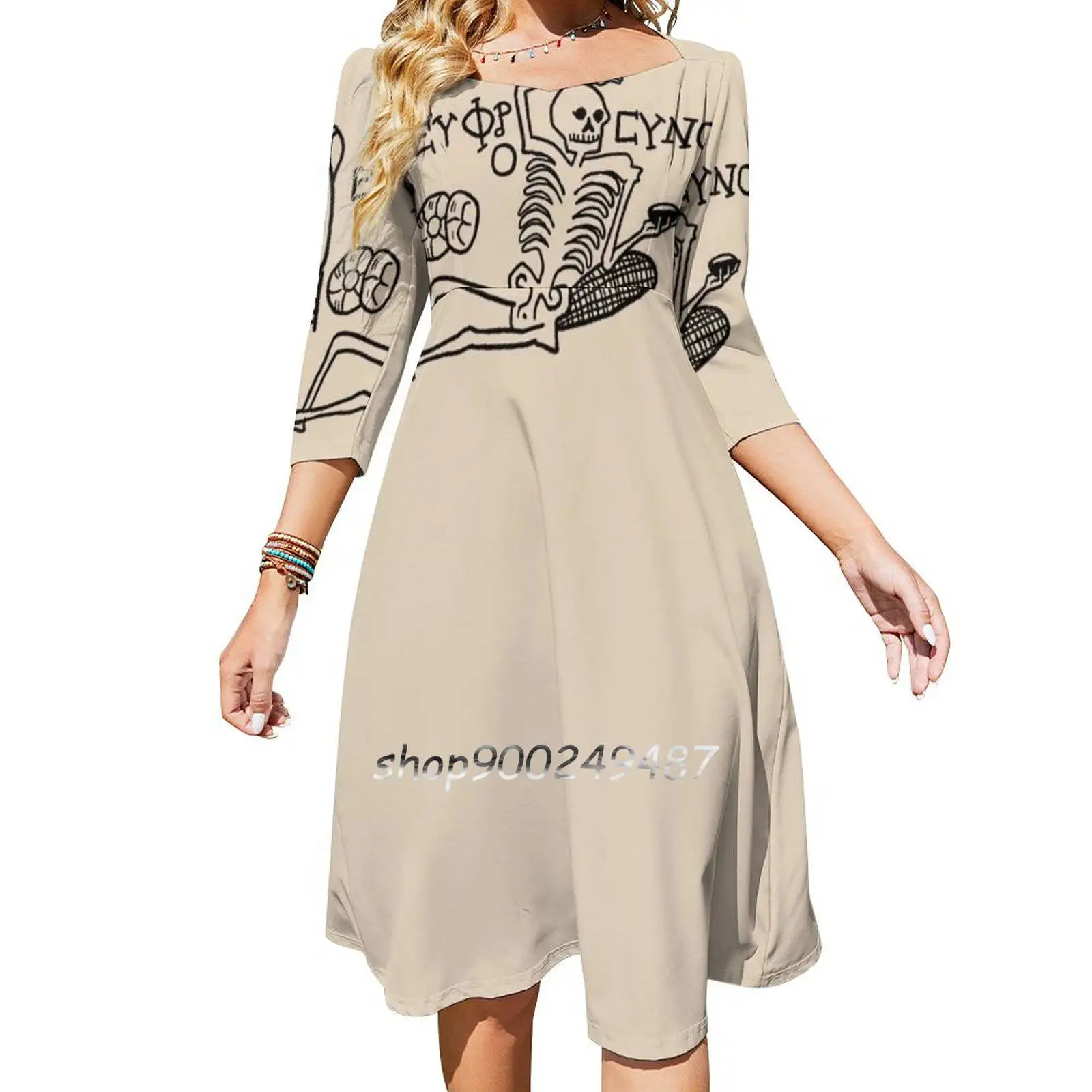 

Be Cheerful , Live Well Skeleton Square Neck Dress New Plus Size Elegant Women Waist Tight Dress Skeleton Death Bones Ancient