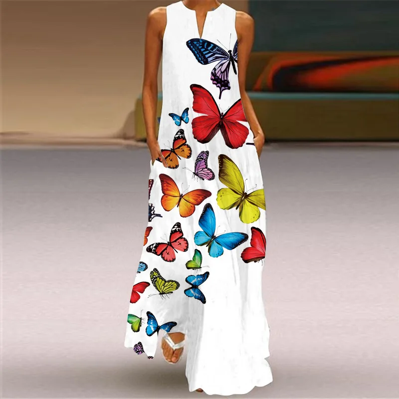 

White Dress Spring Summer Casual Holiday Beach V Neck Butterfl Print Maxi Dresses Woman Elegant Sleeveless Party Robe Vestidos