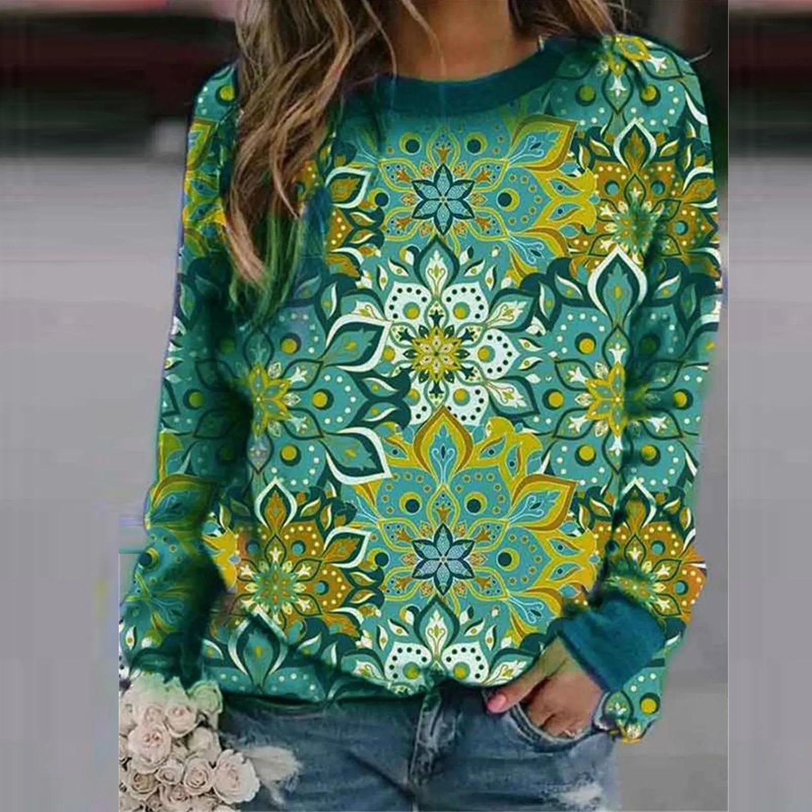 

Women's Fashion Long Sleeve Print Round Collar Sweatershirt Loosen Blouse Tops